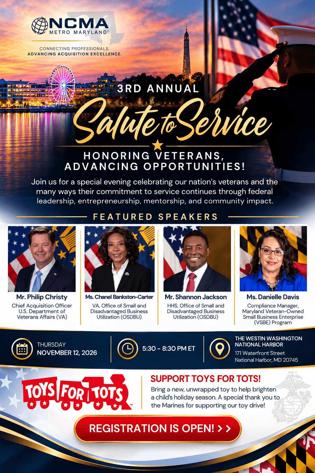 Flyer for NCMA MetroMD's 3rd Annual Salute to Service, Honoring Veterans, Advancing Opportunities, on Thursday, November 12, 2026, 5:30 to 8:30 PM ET at The Westin Washington National Harbor, 171 Waterfront Street, National Harbor, MD. Featured speakers: Philip Christy, Chief Acquisition Officer, U.S. Department of Veterans Affairs; Chanel Bankston-Carter, VA Office of Small and Disadvantaged Business Utilization; Shannon Jackson, HHS Office of Small and Disadvantaged Business Utilization; and Danielle Davis, Compliance Manager, Maryland Veteran-Owned Small Business Enterprise Program. Bring a new, unwrapped toy for Toys for Tots.